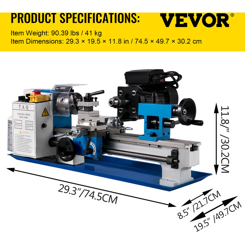 VEVOR Tornio per Metallo 550W Tornio per Metallo a Velocita Variabile  7''X14 '' Tornio per Metallo 50-2500 giri / min Fresatrice per Metallo  Tornio per Metallo Fresatura Digitale