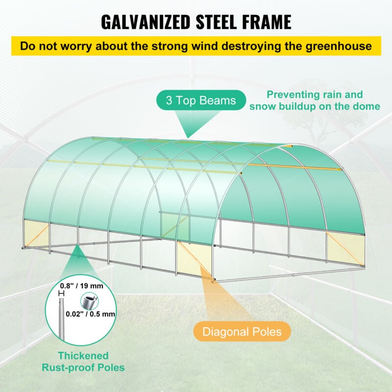 VEVOR Serra da Giardino per Piante a Tunnel Impermeabile con 12 Finestre e  Porte 6,1 x 3 x 2,1m, Serra a Tunnel da Esterno Impermeabile in Acciaio  Zincato Copertura PE 30,6 kg