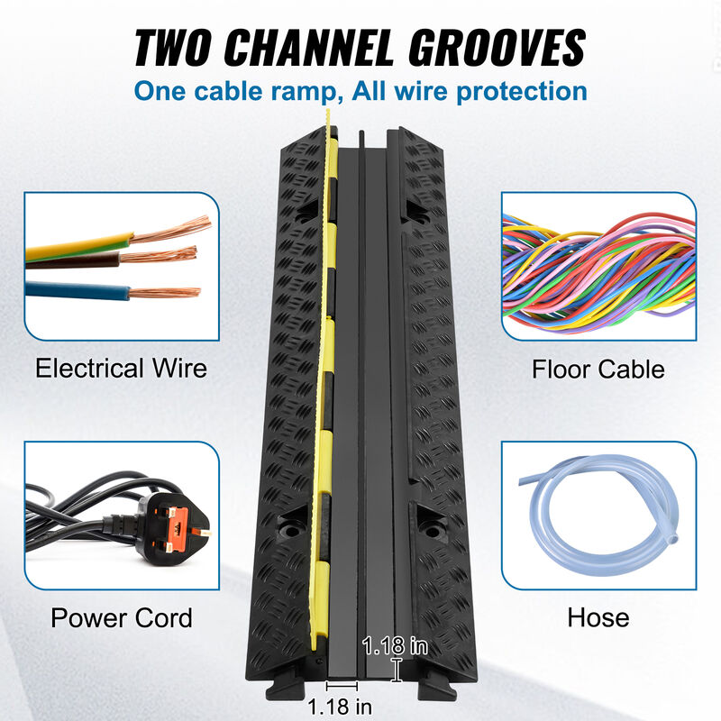 VEVOR VEVOR Passacavo per Pavimento di Cavi Elettrici in Gomma 2 Canali  Nero Giallo 101x24,5x5 cm, Canalina 2 Pezzi per Pavimento a Traffico  Pedestre Materiale in Gomma PVC Protezione di Cavi Capacità