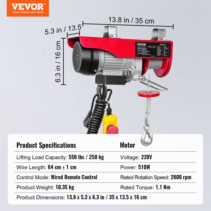 VEVOR Paranco a Leva Elettrico 510 W Carico Max. da 250 kg Altezza