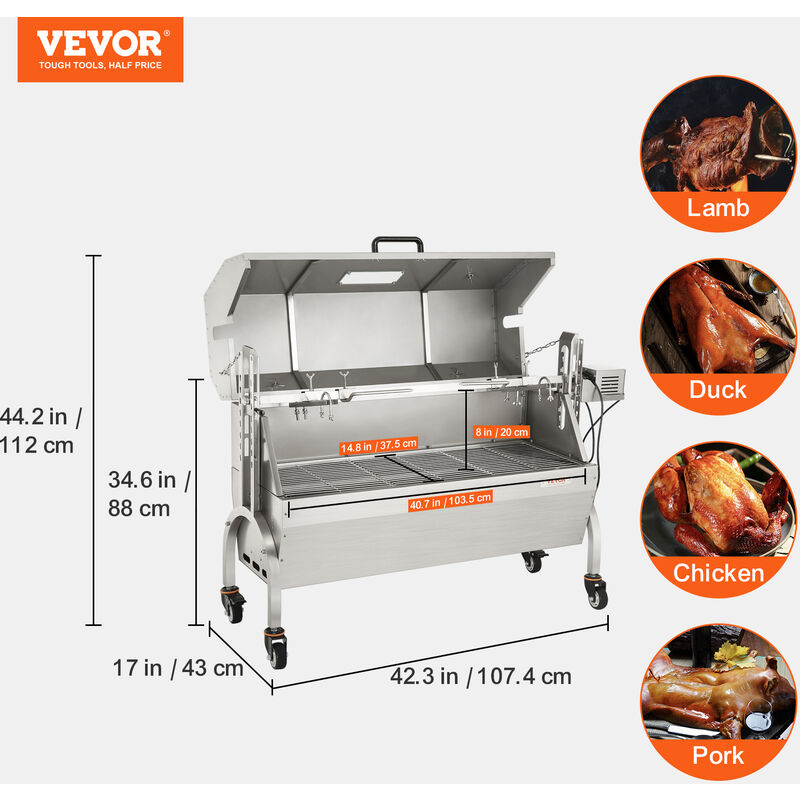 VEVOR VEVOR Girarrosto Spiedo Barbecue 50W in Acciaio Inox  Manuale/Elettrico Capienza Max 60 kg Altezza regolabile 19-43,2 cm con  Ruote Kit di Girarrosto