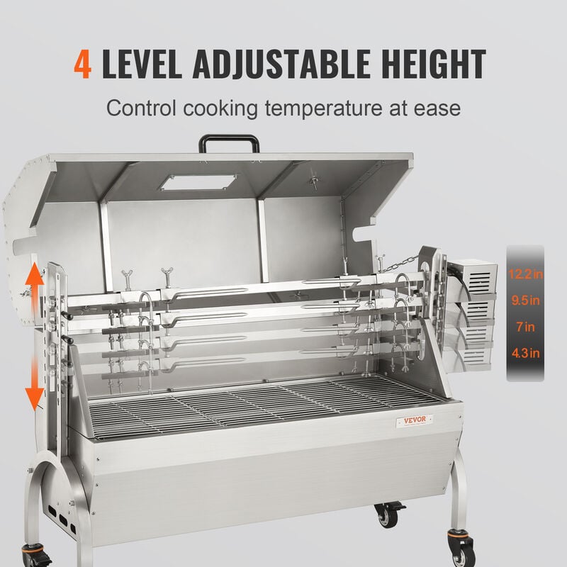 VEVOR Girarrosto Spiedo BBQ con Coperchio 50W in Acciaio Inox  Manuale/Elettrico Capienza Max. 60kg Altezza Regolabile 19-43,2cm, Kit di  Girarrosto Spiedo per BBQ Festa Evento Esterno Lunghezza 117 cm