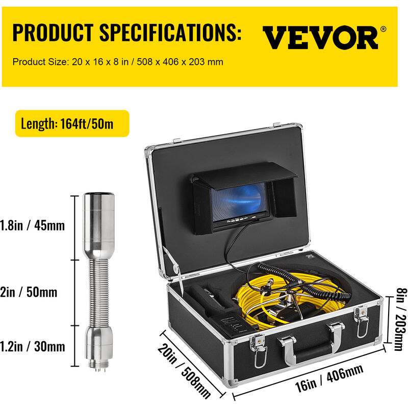 VEVOR Telecamere per Ispezioni 164 FT Kit Telecamera per Ispezione Tubi per  Tubi Endoscopio Impermeabile con Scheda SD 8G con Batteria 4500Ma per Tutti  i Proprietari di Case gli Appaltatori e gli