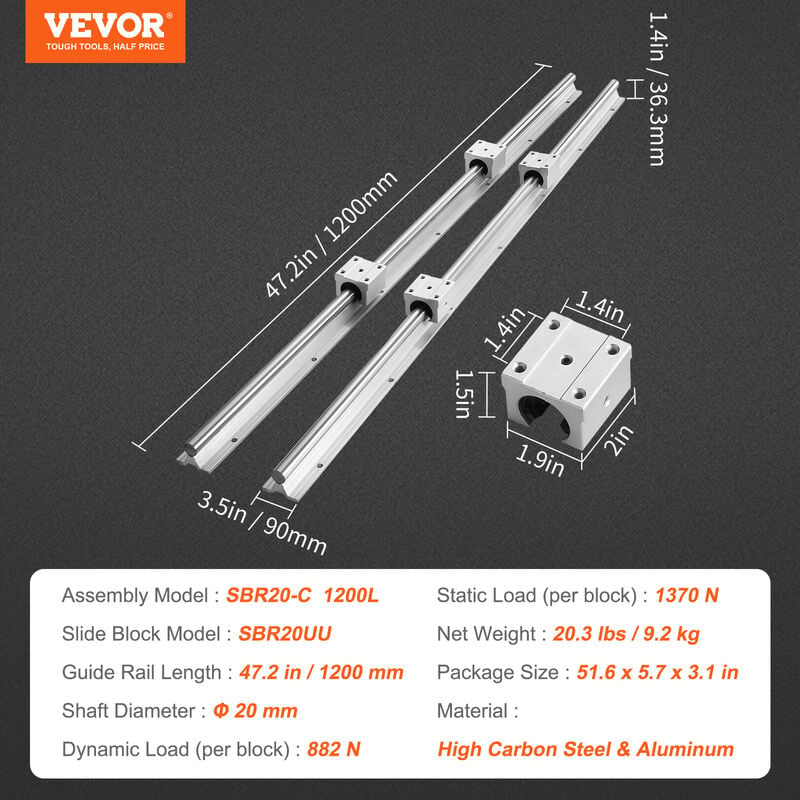 VEVOR Guida Scorrevole Lineare SBR20 per Cassetti 2 Pezzi Lunghezza 1200mm 4  Cuscinetti SBR20UU, Binario di Guida 2 Pz per Scorrimento per Cassetti  Mobili in Acciaio al Carbonio Carico Statico 1370N