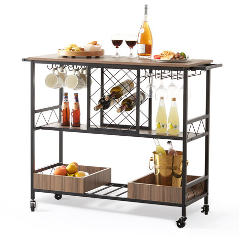 MAHANCRIS Carrello da Bar a 3 Ripiani con Ruote e Maniglia, Carrello da Servizio con Portabottiglie e Supporti per Bicchieri, per Cucina e Ristorante, Marrone Vintage ARCHR6101