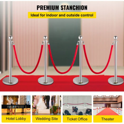 Barriera Per Controllo Folla Con Corda Velluto Rosso - 4 Paletti E 3 Corde Da 1,5 M - Foto 5