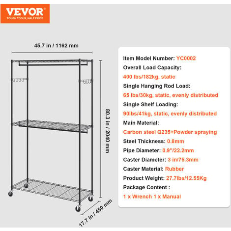 VEVOR Stand Appendiabiti a Rotelle Capacita Carico Statica Max. 182kg con 3  Ripiani Carico 41 kg Singolo Camera da Letto Soggiorno, Appendiabiti 4