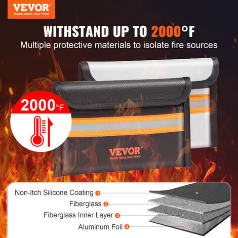 VEVOR Borsa Portadocumenti Ignifuga Impermeabile 205 x 120 x 10 mm  Portatile Resistente alle Temperature Max.