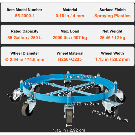 Carrello Per Bombole E Fusti VEVOR | Porta Fino A 454kg | Base Rotonda Con Ruote Frenate | Per Fusti 250L - Foto 6