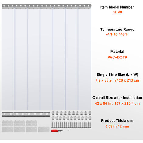 VEVOR Tenda a Strisce in PVC Trasparente Rotolo di Tenda PVC Lunghezza 213,4  cm per Porta di Magazzini Capanni per Animali Fattorie Commerciale, Porta a  Strisce 20 cm x 213 cm PVC Trasparente -20℃-60℃
