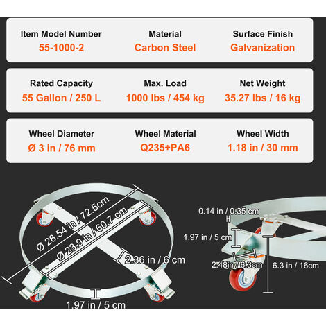 Carrello Per Bombole E Fusti VEVOR | Porta Fino A 454kg | Base Rotonda Con Ruote Frenate | Per Fusti 250L - Foto 5
