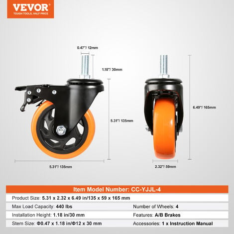 VEVOR Set di Ruote Girevoli di Ricambio Industriali 4 Pezzi Diametro 101,6mm,  Ruote Pivotanti 4