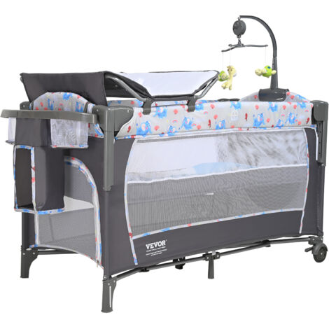 VEVOR Lettino per Neonati Portata max. 35kg, Culla Pieghevole Portatile con Ombrellone Lettino con Ruote Fasciatoio Zanzariera Traspirante Giocattoli Apertura Laterale, Lettini Pieghevole per Neonati