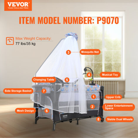 VEVOR Lettino per Neonati Portata max. 35kg, Culla Pieghevole Portatile con Ombrellone Lettino con Ruote Fasciatoio Zanzariera Traspirante Giocattoli Apertura Laterale, Lettini Pieghevole per Neonati