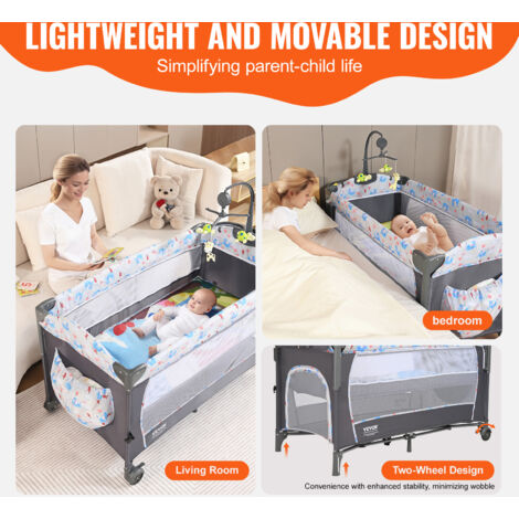VEVOR Lettino per Neonati Portata max. 35kg, Culla Pieghevole Portatile con Ombrellone Lettino con Ruote Fasciatoio Zanzariera Traspirante Giocattoli Apertura Laterale, Lettini Pieghevole per Neonati
