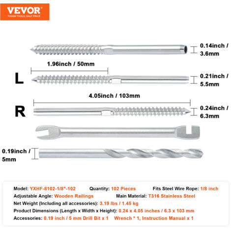 VEVOR Kit Ringhiera Per Cavi 102 Pezzi - Terminali In Acciaio Inox T316 Per Cavi Da 1/8" - Per Ringhiere, Balconi E Recinzioni - Foto 5