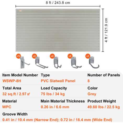 VEVOR Pannello Forato da Parete Porta Attrezzi per Garage Officina 1220x310mm,Pannello Portautensili 8 Pezzi con Ganci Pannelli da Parete Porta Attrezzi Portata ca. 34kg per Utensili Officina Garage