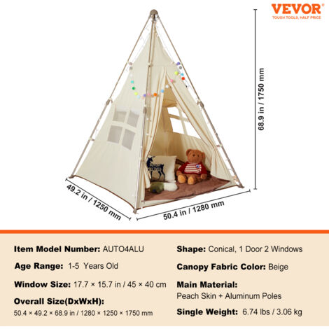 Tenda Teepee Per Bambini Nukido - Per Cameretta, Interno/esterno, Dimensioni 114x114x165 Cm, Con Cuscino, Beige