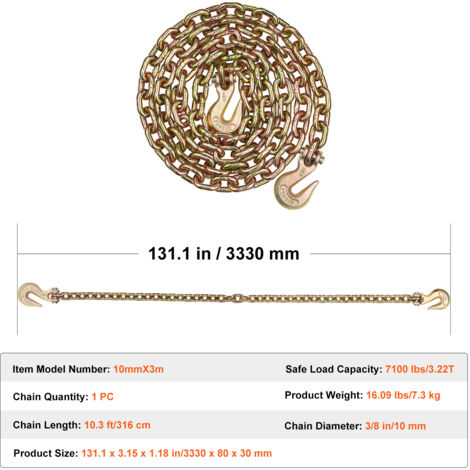 VEVOR Catena Di Traino Con Gancio A Forcella Confezione Da 2 Catene Di Trasporto G80 10 Mm X 88,39 Cm, Carico Catena Per Tronchi 3,22 Tonnellate, Per Il Fissaggio Di Attrezzature Per
