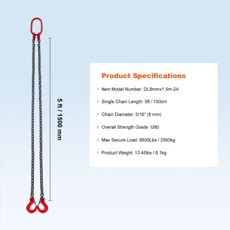 VEVOR Imbracatura A Catena Sollevamento 2 Gambe - Grado 80, Capacità 2993 Kg, 8x150 Cm, Per Carichi Pesanti - Foto 9