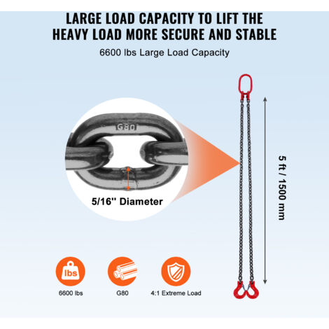 VEVOR Imbracatura A Catena Sollevamento 2 Gambe - Grado 80, Capacità 2993 Kg, 8x150 Cm, Per Carichi Pesanti - Foto 6