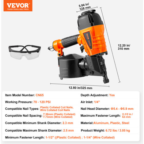 Chiodatrice Pneumatica A Spirale VEVOR CN65 - Per Chiodi 32-63mm, 15°, 70-120 PSI - Foto 10