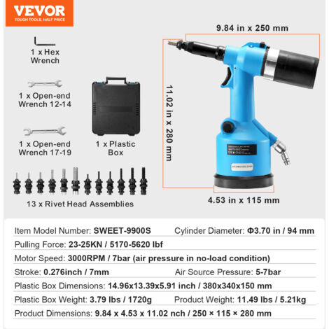 Rivettatrice Pneumatica RZX - Capacit&agrave; 3/32&rdquo; To 1/4&rdquo;, Con 50 Rivetti E Naselli