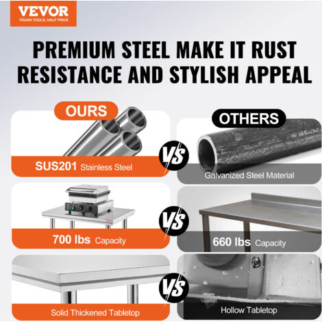 Tavolo Da Lavoro Acciaio Inox VEVOR 60x76x80 Cm - Piano Di Lavoro Professionale Per Cucina Con 4 Gambe Regolabili - Foto 3