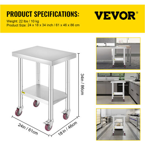 VEVOR Tavolo Acciaio Inox Professionali 40,8 Libbre Tavolo da Lavoro per  Cucina 48 x 24