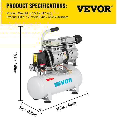VEVOR Compressore deAria Senza Olio Ultra Silenzioso da 2 Galloni, Compressore Silenziato con Motore in Rame Puro, Compressore deAria 550 W, Rumorosita meno 48 dB, Compressore dearia Portatile
