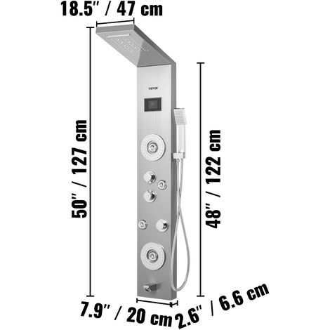 VEVOR Pannello Doccia a LED 6 in 1 Sistemi di Pannelli Doccia in Acciaio Inossidabile Getti Regolabili Corpo Spruzzatore Argento Pannello Doccia a Pioggia Sistema di Massaggio a Cascata