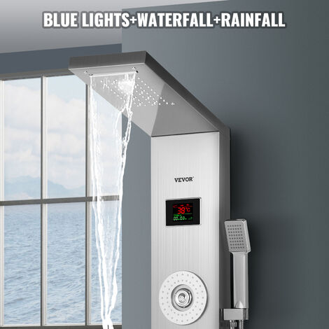 VEVOR Pannello Doccia a LED 6 in 1 Sistemi di Pannelli Doccia in Acciaio Inossidabile Getti Regolabili Corpo Spruzzatore Argento Pannello Doccia a Pioggia Sistema di Massaggio a Cascata