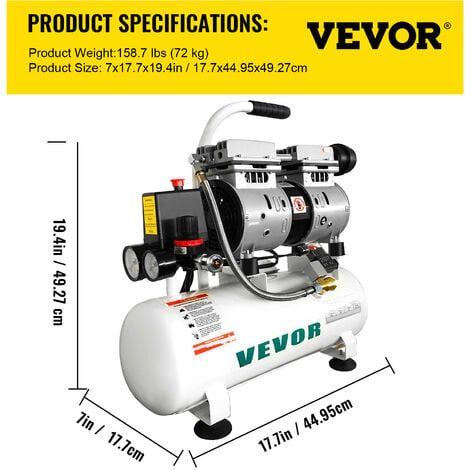 VEVOR Compressore de Aria Senza Olio Ultra Silenzioso da 2 Galloni,  Compressore Silenziato, Compressore deAria 550