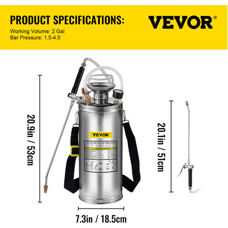 VEVOR Spruzzatore 8L in Acciaio Inossidabile, Spruzzatore Manuale a Pompa, Spruzzatore  da Giardino Rinforzato a Pressione