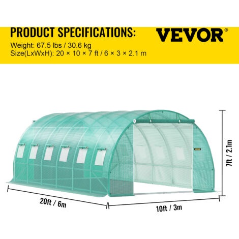 VEVOR VEVOR Serra da Giardino per Piante a Tunnel Impermeabile con 12  Finestre e Porte 6,1 x 3 x 2,1m, Serra a Tunnel da Esterno Impermeabile in  Acciaio Zincato Copertura PE 30,6