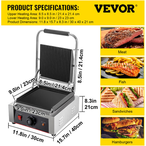 VEVOR 220V Piastra per Barbecue, Sandwich Elettrica 1800W, Piastra di  Cottura Testa Singola in Acciaio Inox