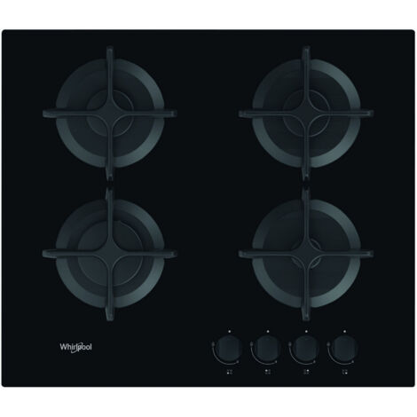 Whirlpool – Plaque de cuisson gaz 60cm 4 feux noir – Allumage une main – Puissance 7300W – Surface en verre – GOB616NB