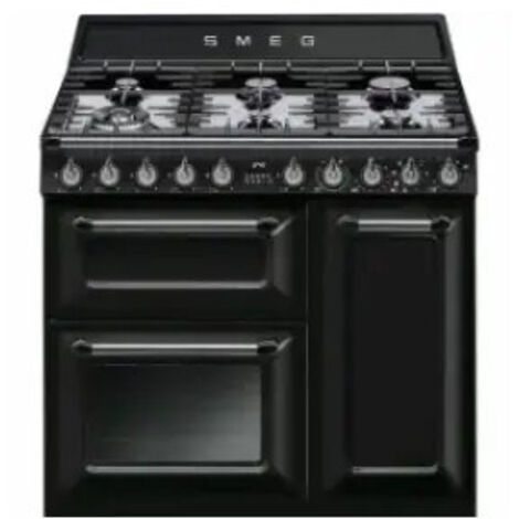 Smeg – Cuisinière gaz 6 foyers 900mm – 3 fours électriques – Nettoyage vapeur – Puissance 12700W – Classe A – Design noir (1/2)