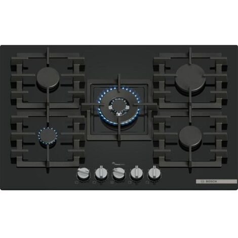 Bosch – Plaque de cuisson gaz 75cm 5 feux 11500W avec foyer wok – Surface en verre trempé noir – Grilles en fonte – PPQ7A6I40