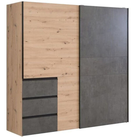 Les Tendances – Armoire 2 portes coulissantes 3 tiroirs – Chêne artisan et béton gris – L 200,1 x P 61,2 x H 200,5 cm – Poignées aluminium
