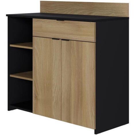 Buffet Cuisine - 2 portes + 1 tiroir - Mélaminé chene et noir - L 100 x P 42 x H 95 cm (1/5)