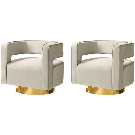 Set of 2 Swivel Barrel Chair Modern Velvet Armchair with 3D Curved Open Back & Swivel Gold Metal Base Club Lounge Chair for Customer Reception Store Decorations, Beige