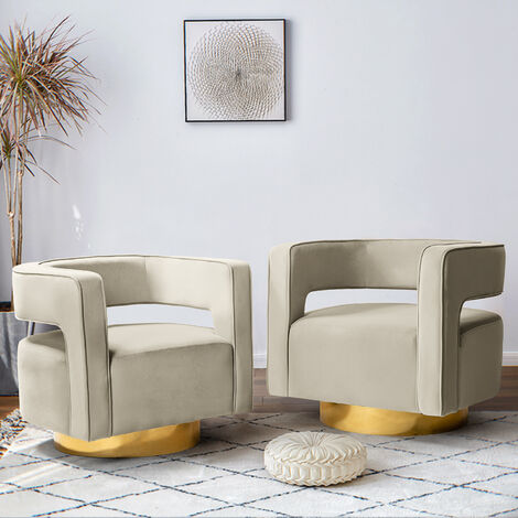 Set of 2 Swivel Barrel Chair Modern Velvet Armchair with 3D Curved Open Back & Swivel Gold Metal Base Club Lounge Chair for Customer Reception Store Decorations, Beige