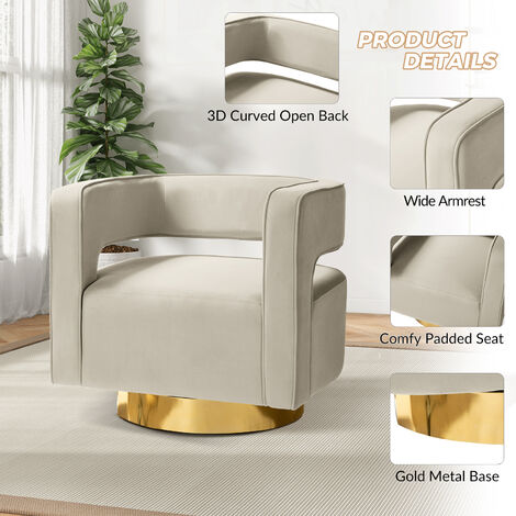 Set of 2 Swivel Barrel Chair Modern Velvet Armchair with 3D Curved Open Back & Swivel Gold Metal Base Club Lounge Chair for Customer Reception Store Decorations, Beige