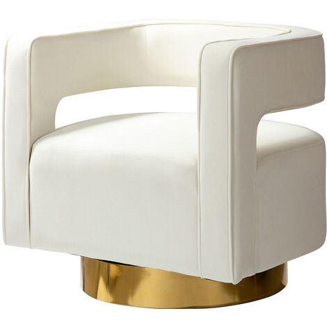 Swivel Barrel Chair Modern Velvet Armchair with 3D Curved Open Back & Swivel Gold Metal Base Club Lounge Chair for Customer Reception Store Decorations, White