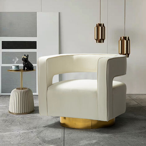 Swivel Barrel Chair Modern Velvet Armchair with 3D Curved Open Back & Swivel Gold Metal Base Club Lounge Chair for Customer Reception Store Decorations, White