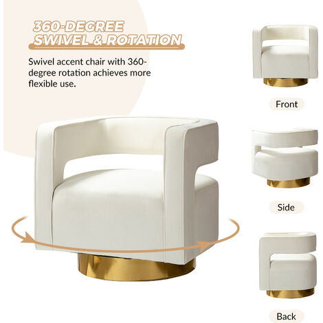 Swivel Barrel Chair Modern Velvet Armchair with 3D Curved Open Back & Swivel Gold Metal Base Club Lounge Chair for Customer Reception Store Decorations, White