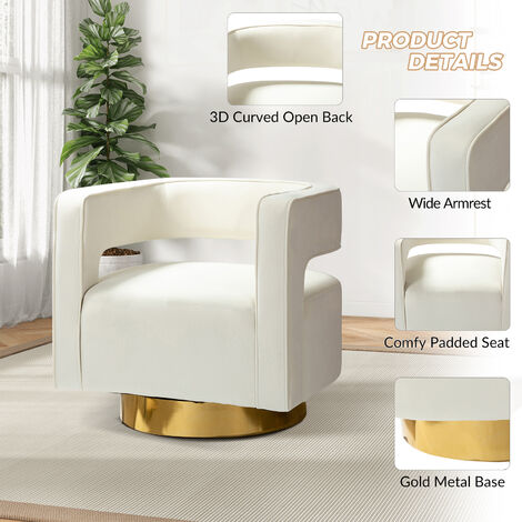 Swivel Barrel Chair Modern Velvet Armchair with 3D Curved Open Back & Swivel Gold Metal Base Club Lounge Chair for Customer Reception Store Decorations, White