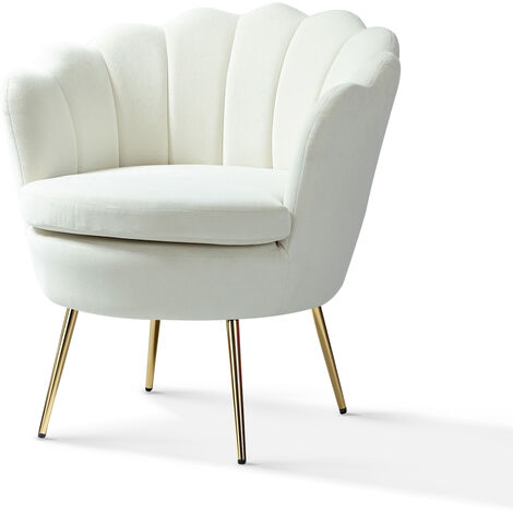 Living Room Armchair Velvet Tub Chair Comfy Upholstered Occasional Chair with Seashell Back Metal Leg for Lounge, White