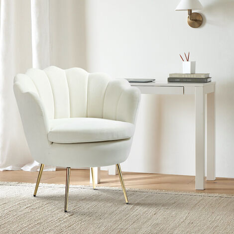 Living Room Armchair Velvet Tub Chair Comfy Upholstered Occasional Chair with Seashell Back Metal Leg for Lounge, White